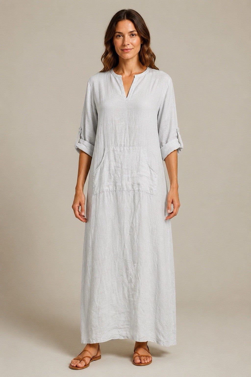 Le Monde Du Lin Maxikleid Damen M/L 38-40 Hellgrau 100% Leinen Italien Neu