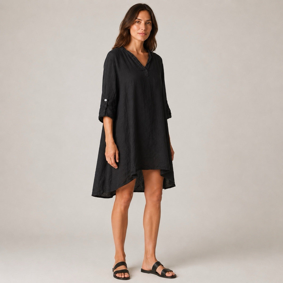 Josefine Damen Leinenkleid L Schwarz Lagenlook Tunika 3/4 Arm Neu