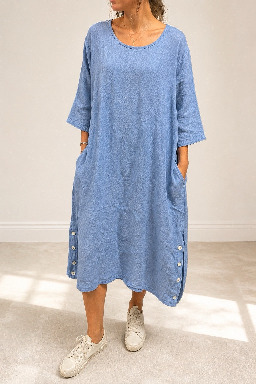 Josefine Damen Kleid XXXL Hellblau 100% Leinen Lagenlook Taschen Made in Italy
