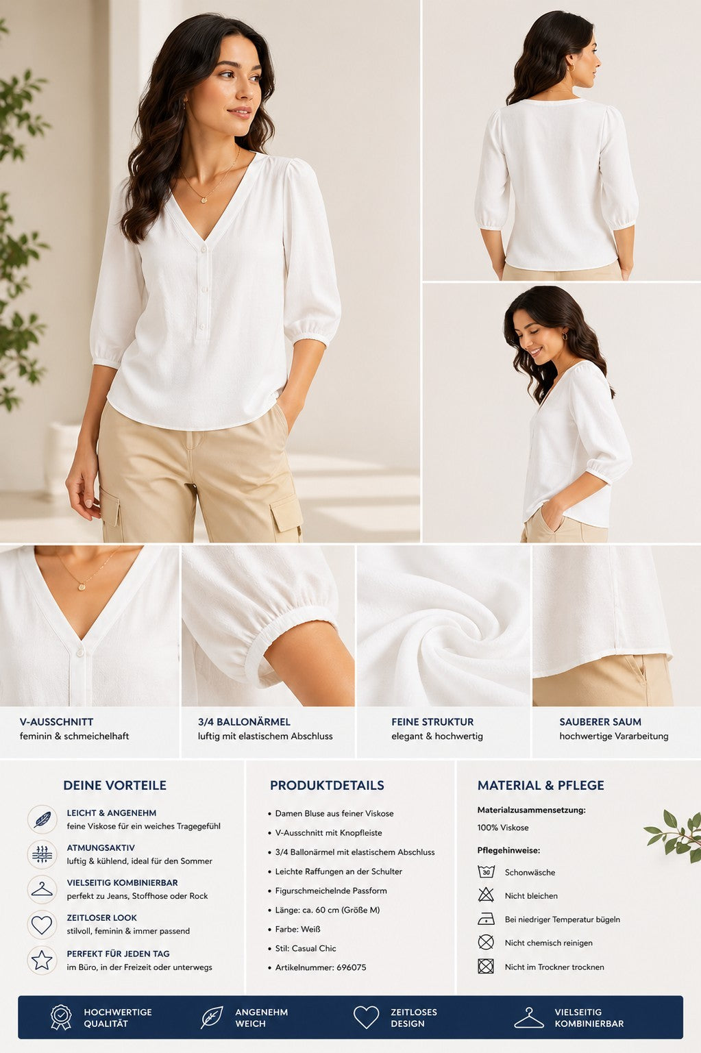 Damen Bluse aus feinem Viskose-Mix Sommer-Shirt 3/4 Arm 696075 Weiß