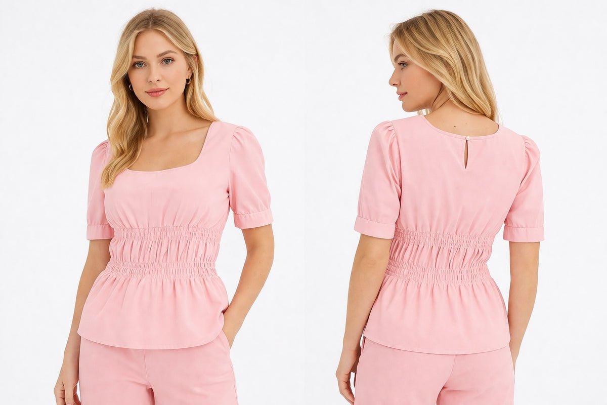 Damen Bluse Puffärmel Rosa Baumwolle Sommer Kurzarm Shirt Top NEU