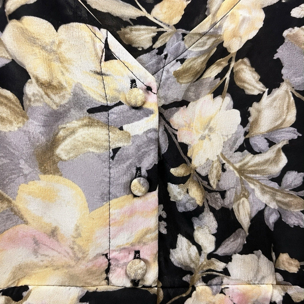 OBJECT Damen Kleid Gr. 42 Schwarz Floral 7/8-Arm Knöpfe Seitenzipper Neu