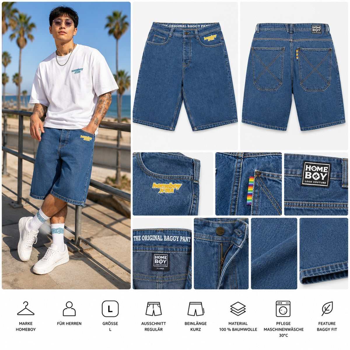 Homeboy X-Tra Baggy Shorts Washed Blue Unisex Jeansshorts Skate Neu