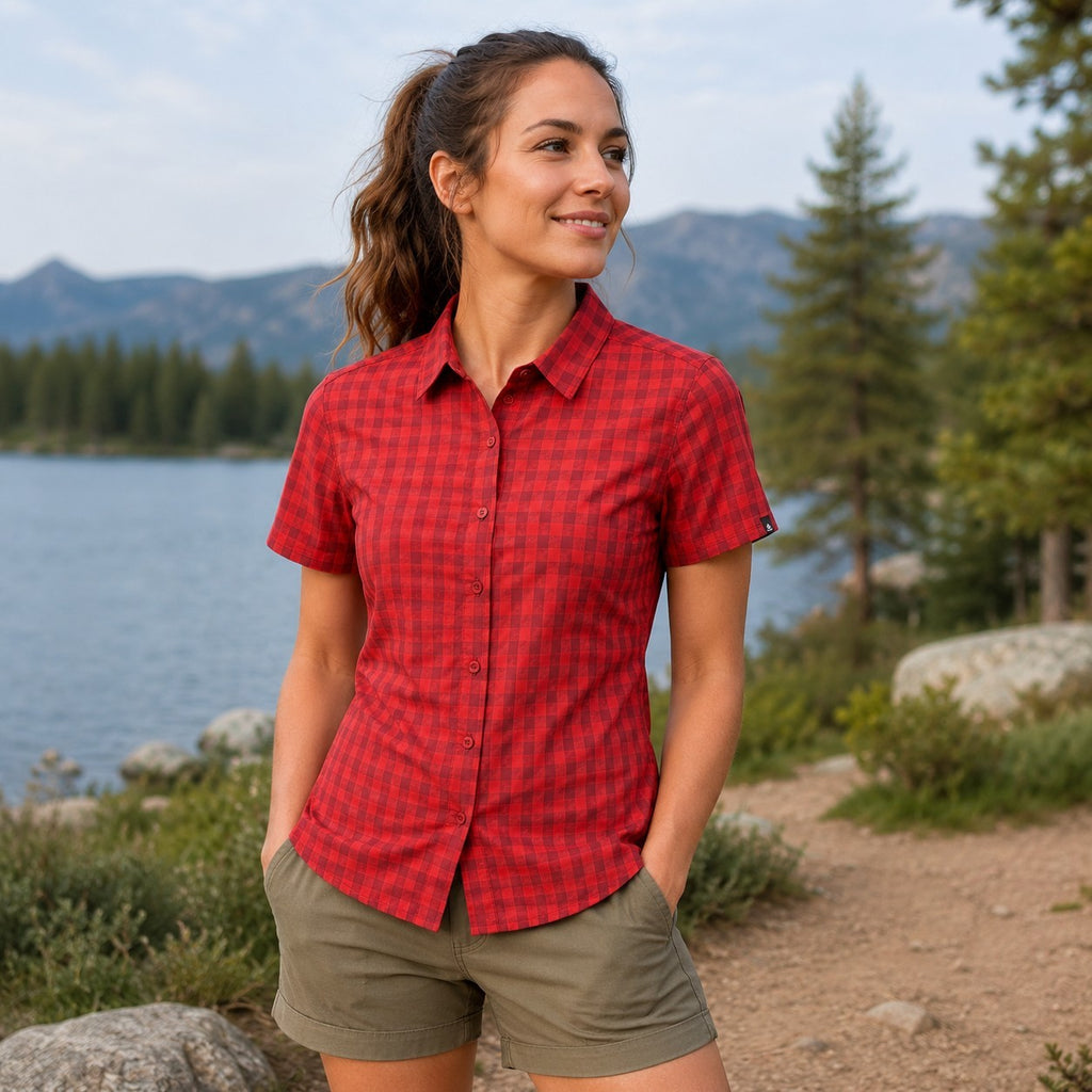 ODLO Kumano Check Damen Outdoorbluse Kurzarm Rot Kariert Stretch versch. Größen