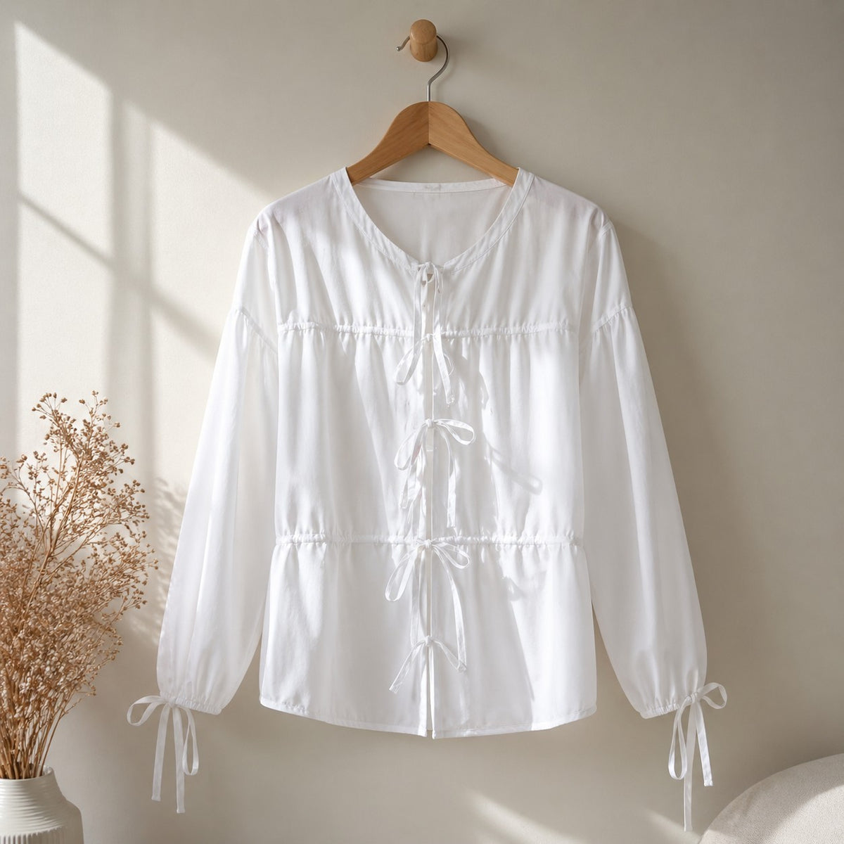 Damen Business-Bluse mit Bindeband Office-Cardigan Sommer-Shirt 943358 Weiß