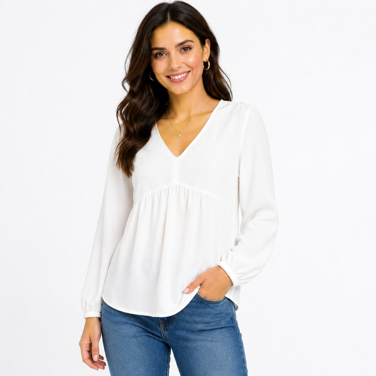 Damen Bluse V-Ausschnitt Langarm Rüschen Jersey Weiß 925799 Neu Büro Freizeit