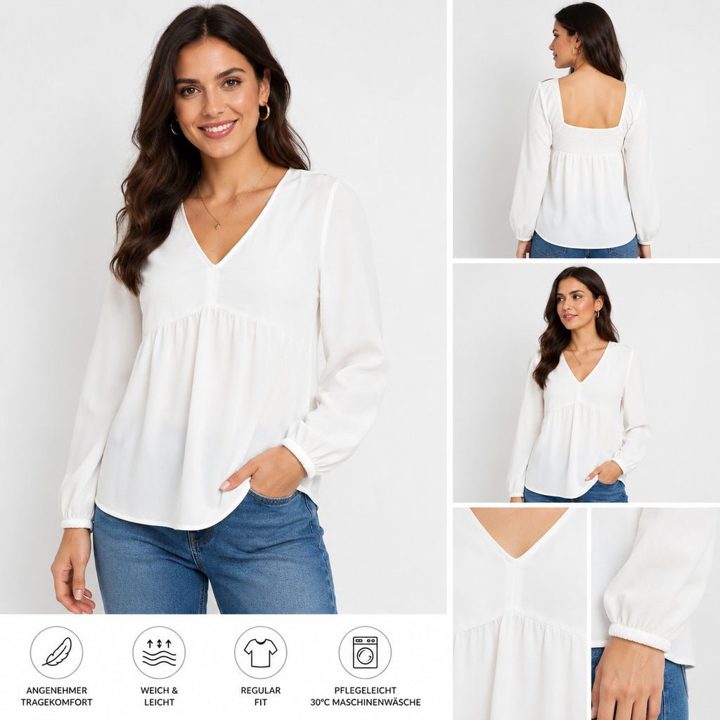 Damen Bluse V-Ausschnitt Langarm Rüschen Jersey Weiß 925799 Neu Büro Freizeit