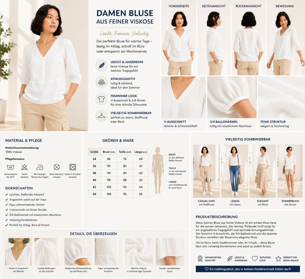 Damen Bluse aus feinem Viskose-Mix Sommer-Shirt 3/4 Arm 696075 Weiß