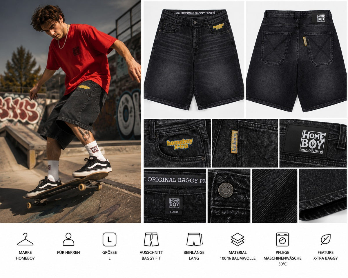 Homeboy X-Tra MONSTER Denim Shorts Vintage Black Unisex Baggy Jeans Neu