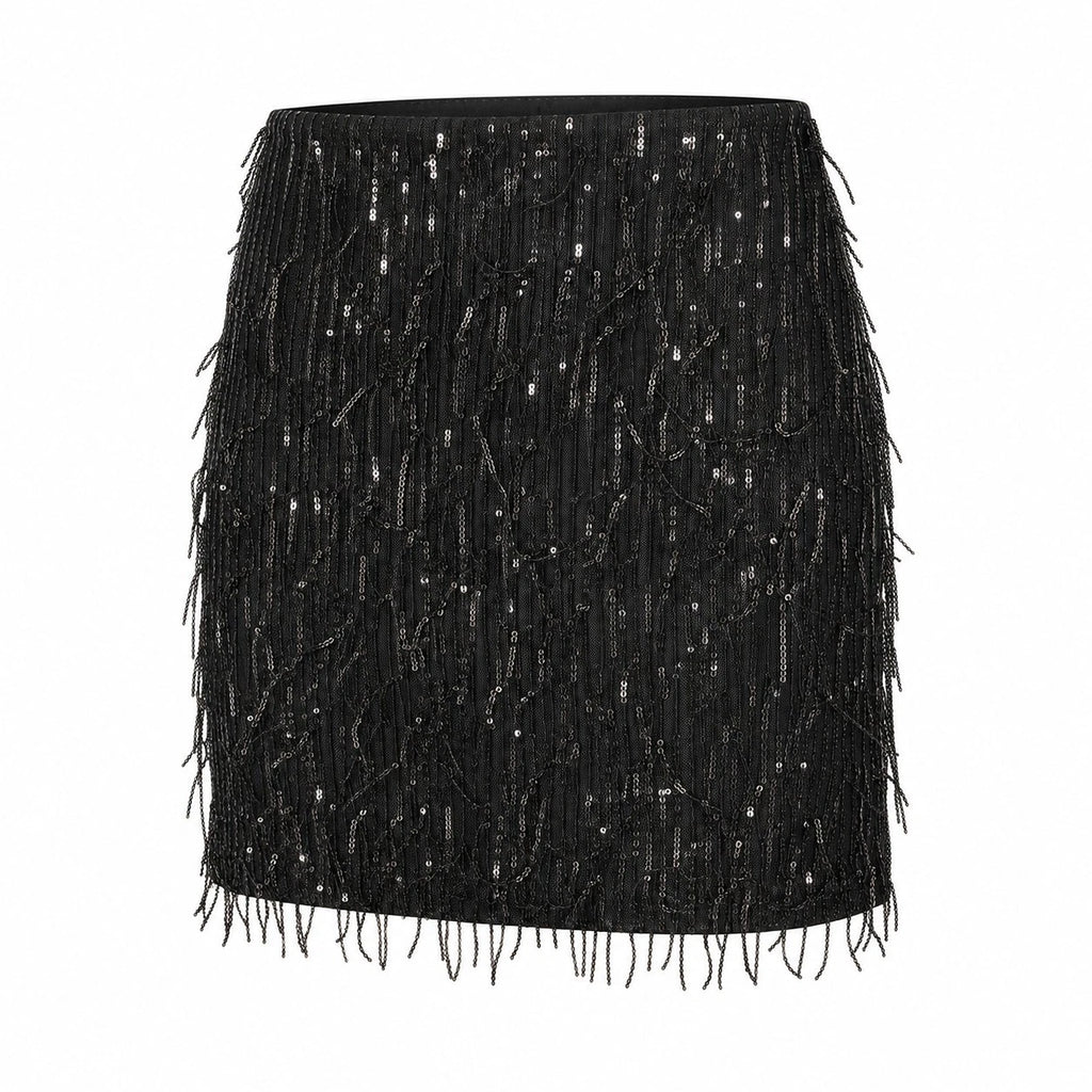 VERO MODA VMKAIA Damen Pailletten-Fransen-Minirock Schwarz