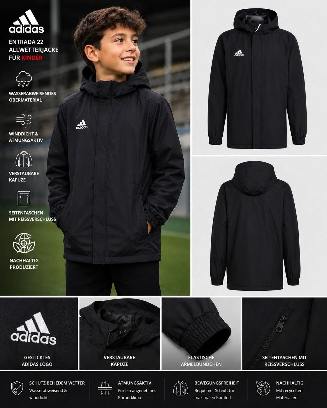 adidas Entrada 22 Kinder Allwetterjacke Schwarz Gr. 116 H57510