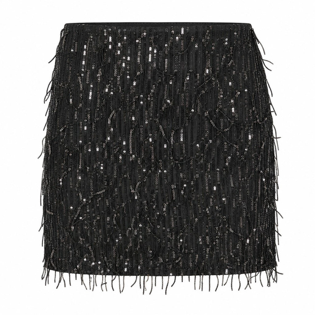 VERO MODA VMKAIA Damen Pailletten-Fransen-Minirock Schwarz